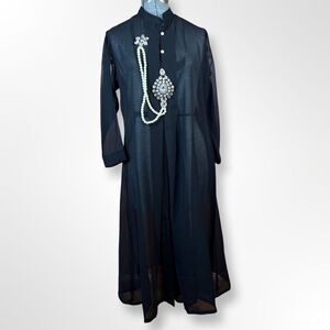 Sheer Unlined Dress with Rhinestone Brooches and Pearls Black Size 46